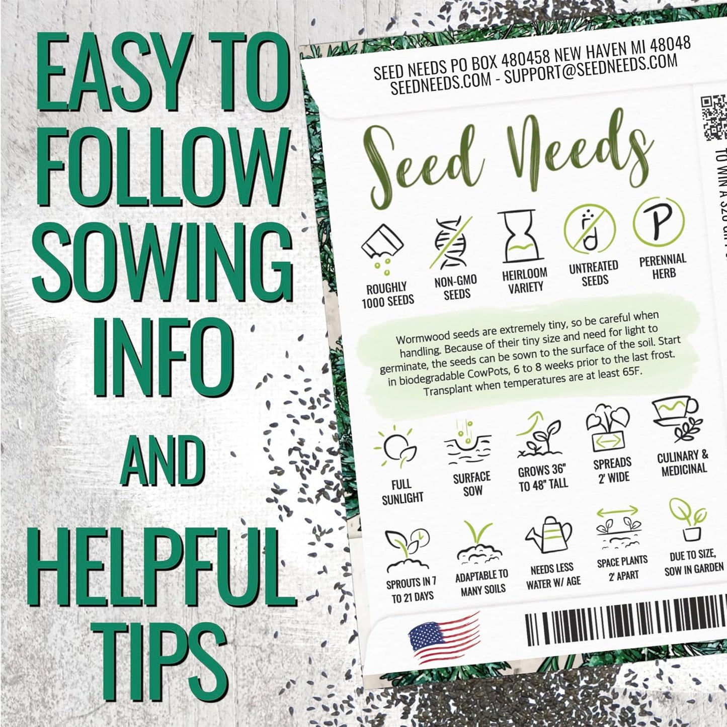 (1 Pack) Seed Needs Wormwood Seeds for Planting - Non-GMO, Heirloom & Untreated Perennial Herb - Medicinal Herbs
