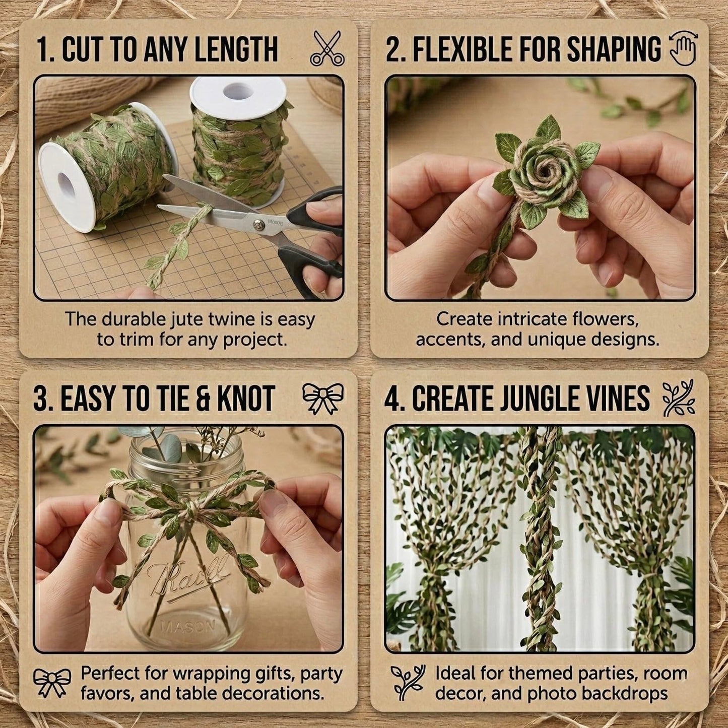 XYXGFCHP Burlap Leaf Ribbon, 196Ft (2x98Ft) 5mm Natural Jute Twine with Artificial Green Leaves & Vine for DIY Crafts, Gift Wrap, Jungle Safari Party, Baby Shower, Rustic Wedding, Garden & Home Decor