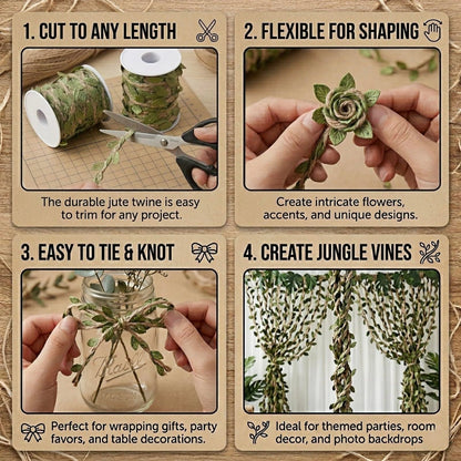 XYXGFCHP Burlap Leaf Ribbon, 196Ft (2x98Ft) 5mm Natural Jute Twine with Artificial Green Leaves & Vine for DIY Crafts, Gift Wrap, Jungle Safari Party, Baby Shower, Rustic Wedding, Garden & Home Decor