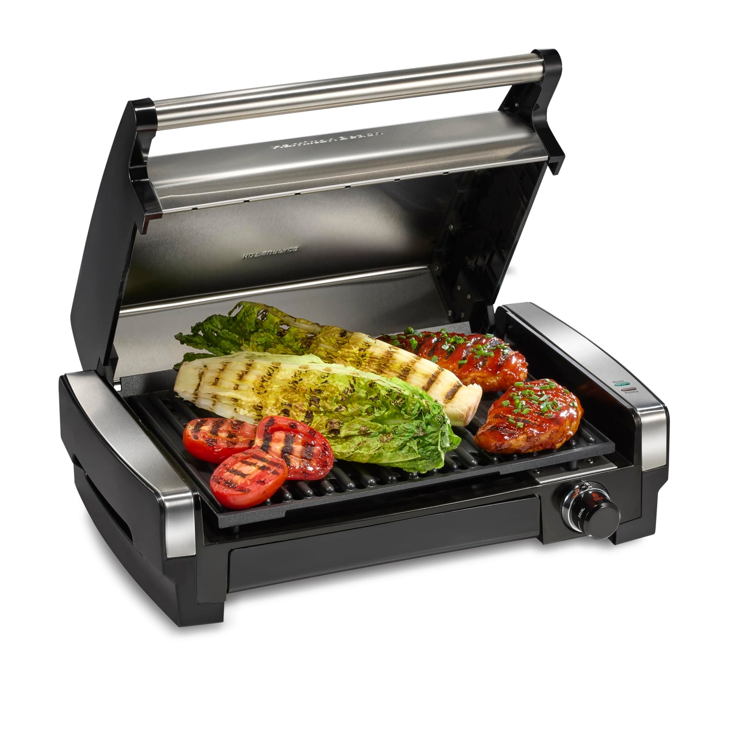 Hamilton Beach Electric Indoor Searing Grill with Viewing Window & Adjustable Temperature Control to 450F, 118 sq. in. Surface Serves 6, PFAS-Free Removable Nonstick Grate, Stainless Steel