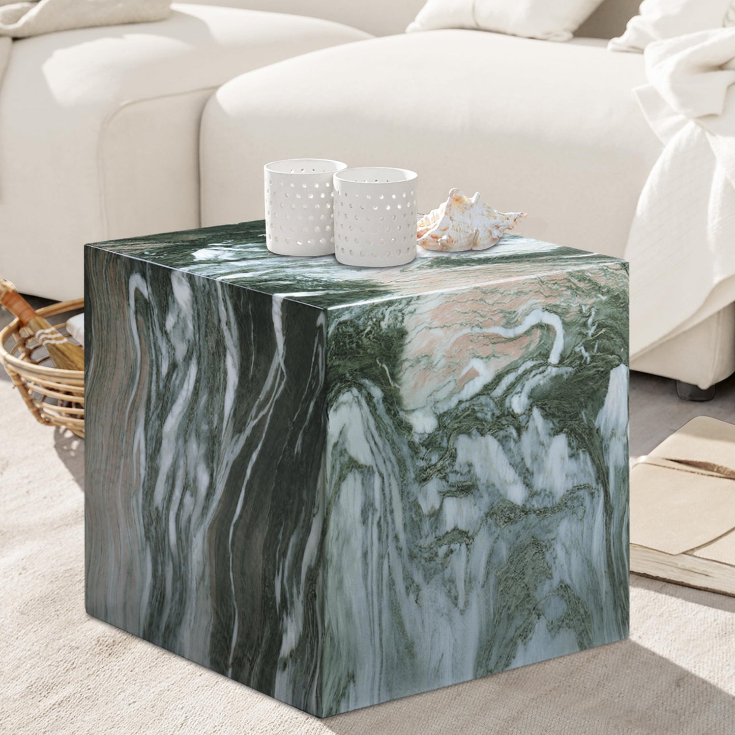 Meridian Furniture 99029Green-ET Piazza Collection Art Deco Indoor/Outdoor Concrete End Table with Green Marble Finish, 16" W x 16" D x 16" H, Green