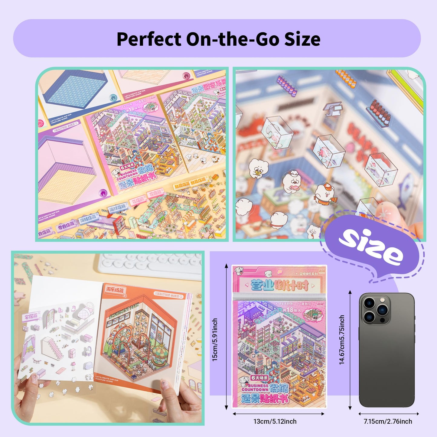 3D Sticker Scene Book Sticker Therapy for Adults Kids Teens 2 Books with 12 Sets of DIY 3D Room Miniature Scene Stickers Featuring Various Themes