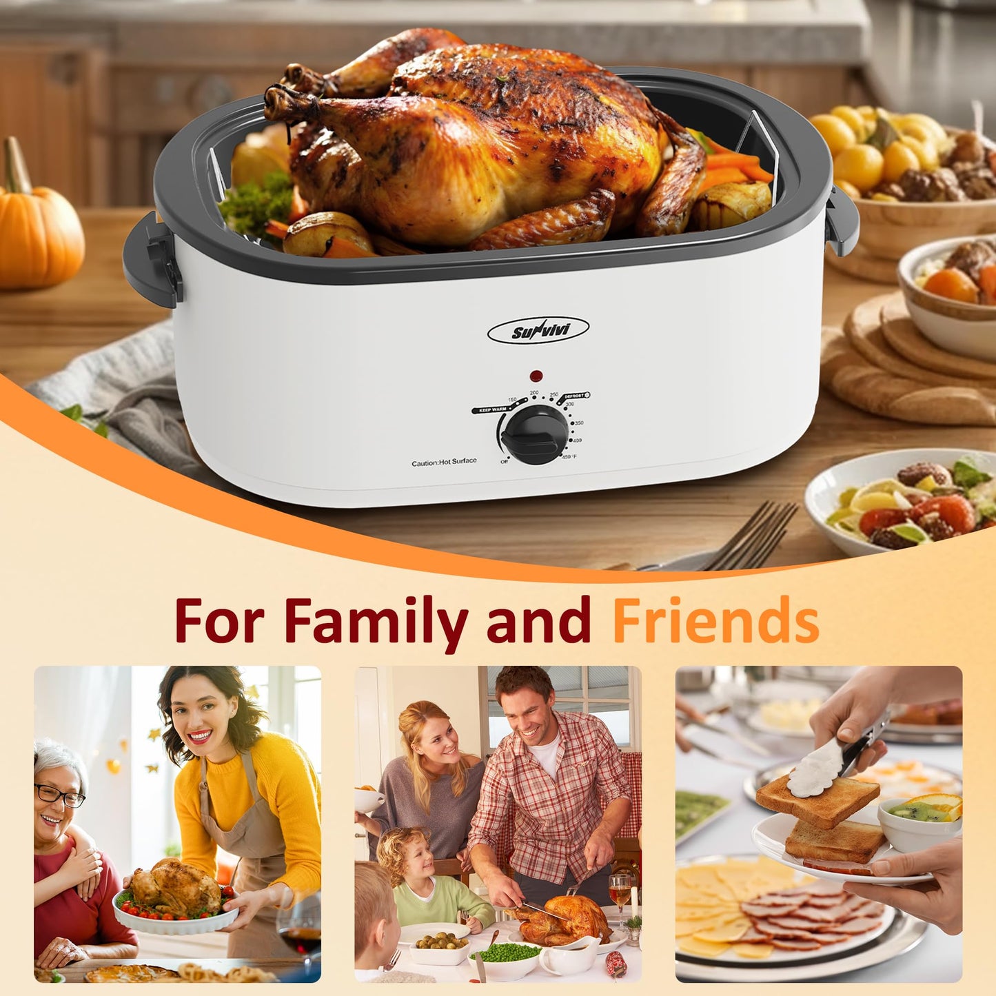 Sunvivi 24 Quart Electric Roaster Oven with Visible Self-Basting Lid, Turkey Roaster Oven with Removable Pan and Rack, Perfect for Large Meals and Holiday Feasts, White