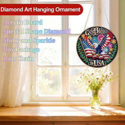 CEOVR Bald Eagle Hanging Diamond Art for Adults, Independence Day Diamond Painting Pendant American Flag DIY Gem Art Wall Ornament, Acrylic Home Garden Decor with Chain, Box Kit 7.79×7.77inch