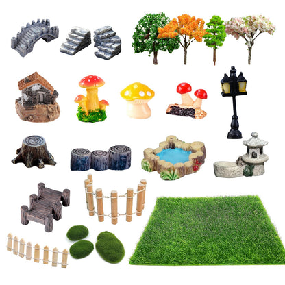 Julang 23 Pcs Fairy Garden Miniatures Jumping Spider Enclosure Accessories, Mini Bridge Fence Pond Street Lamps Mushroom Lawn Figurines Garden Decorations for Jumping Spider Habitat
