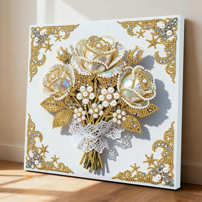yzARTche Diamond Art Pearl Painting Kit, DIY Pearl Art Painting with White Frame, Handmade Gem Dot Picture Craft for Home Wall Decor Present Set-05-Rose