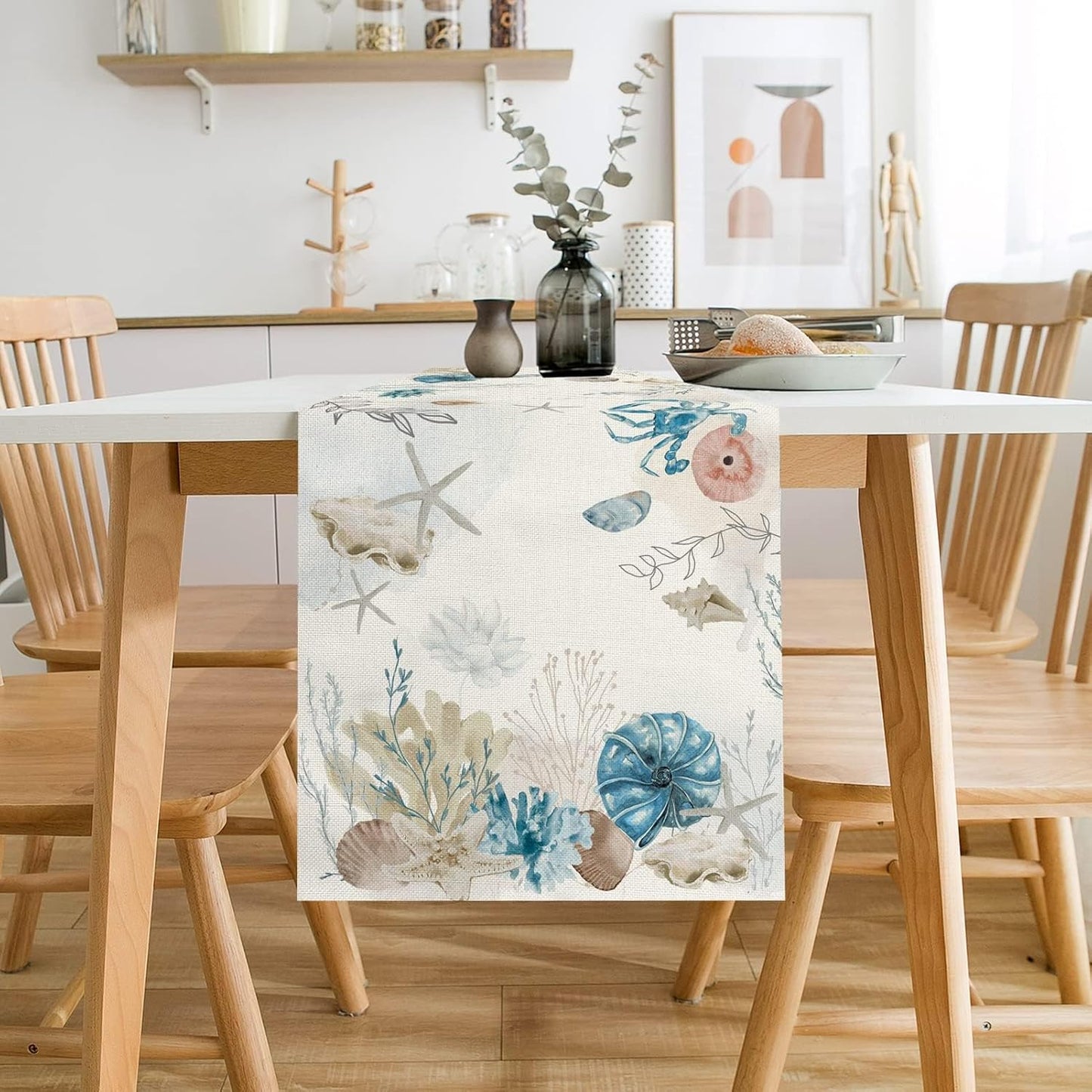 13x36 Inch PROCIDA Blue Beach Table Runner Tropical Ocean Coastal Table Runners Seashell Burlap Seasonal Nautical