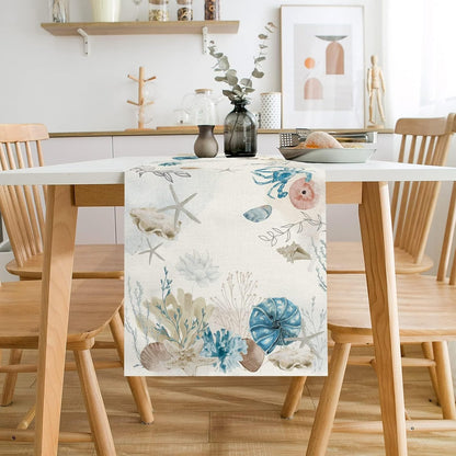13x60 Inch PROCIDA Blue Beach Table Runner Tropical Ocean Coastal Table Runners Seashell Burlap Seasonal Nautical