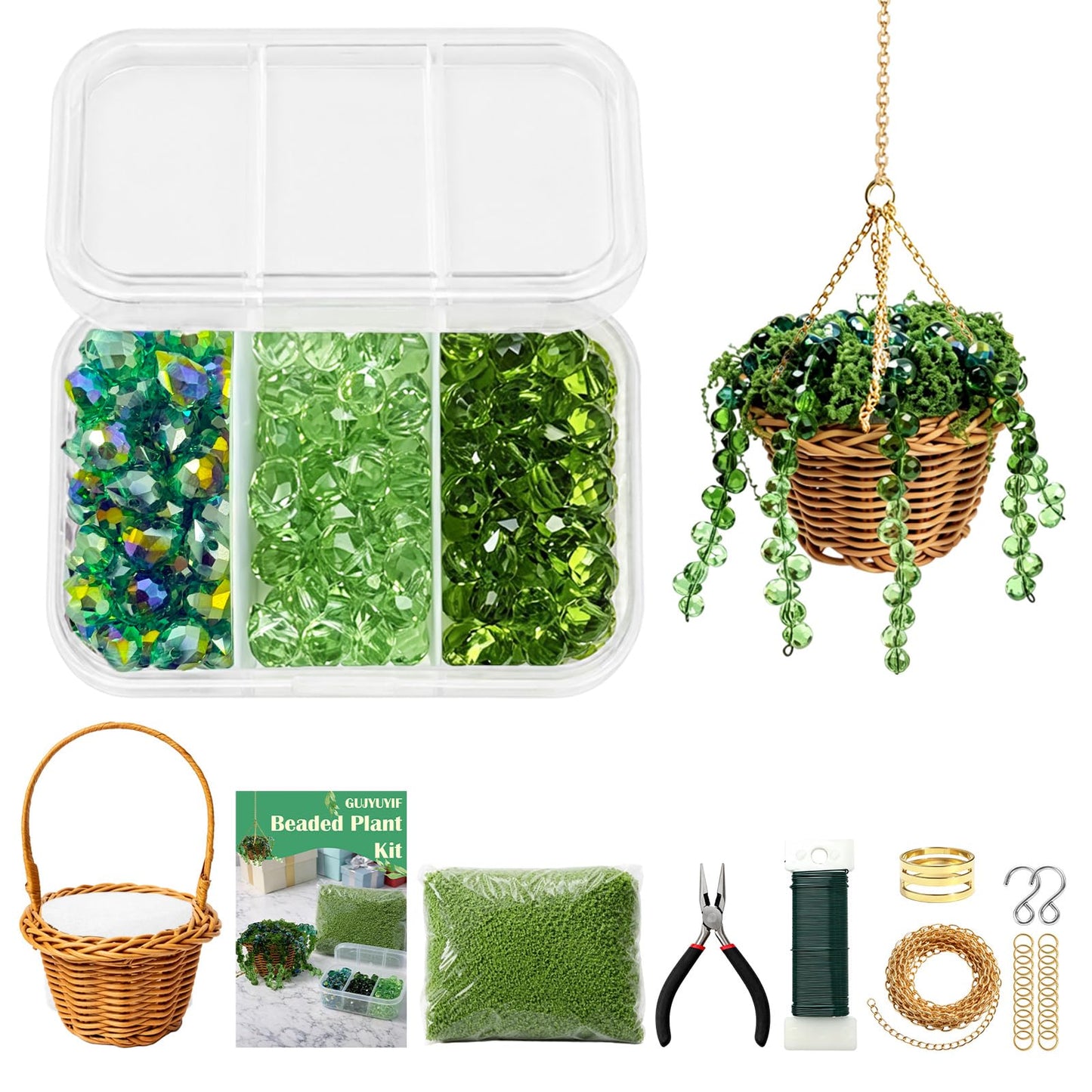 GUJYUYIF Beaded Plant Kit Green Glass Beads for Plant Making with Rattan Basket, Hanging Suncatchers Beading Kit for Jewelry Making DIY Craft Kit Plants
