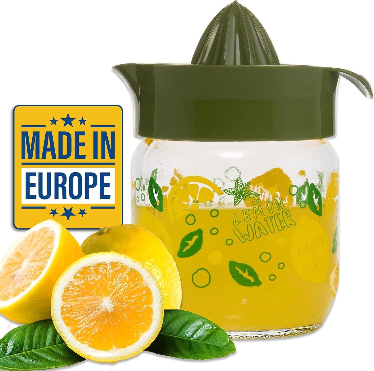 Crystalia Manuel Citrus Juicer with Glass Storage Jar - Handheld Juice Press Extractor for Lemon, Orange, Lime,