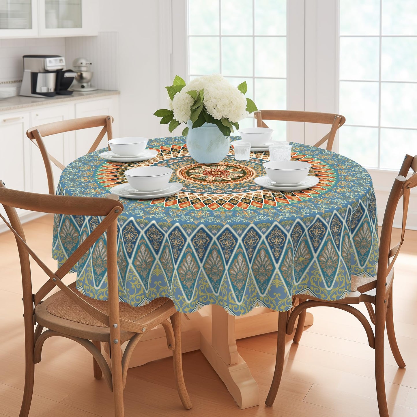 Eikione Bohemia Round Tablecloth,Tablecloth Waterproof and Wrinkle-Free, Boho Table Covers, Summer Decorations for Home 60inch