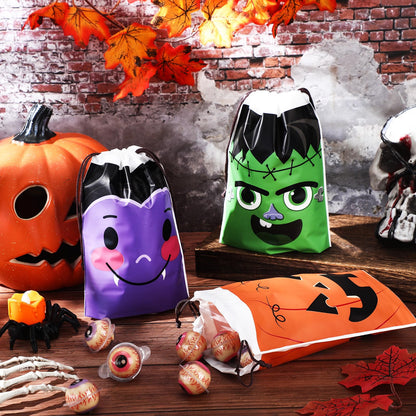 Wonderjune 75 Pcs Halloween Drawstring Treat Bags Halloween Plastic Candy Goodie Treat Sack Gift Bags for Boys Girls Birthday Holiday Theme Party Favors Supplies