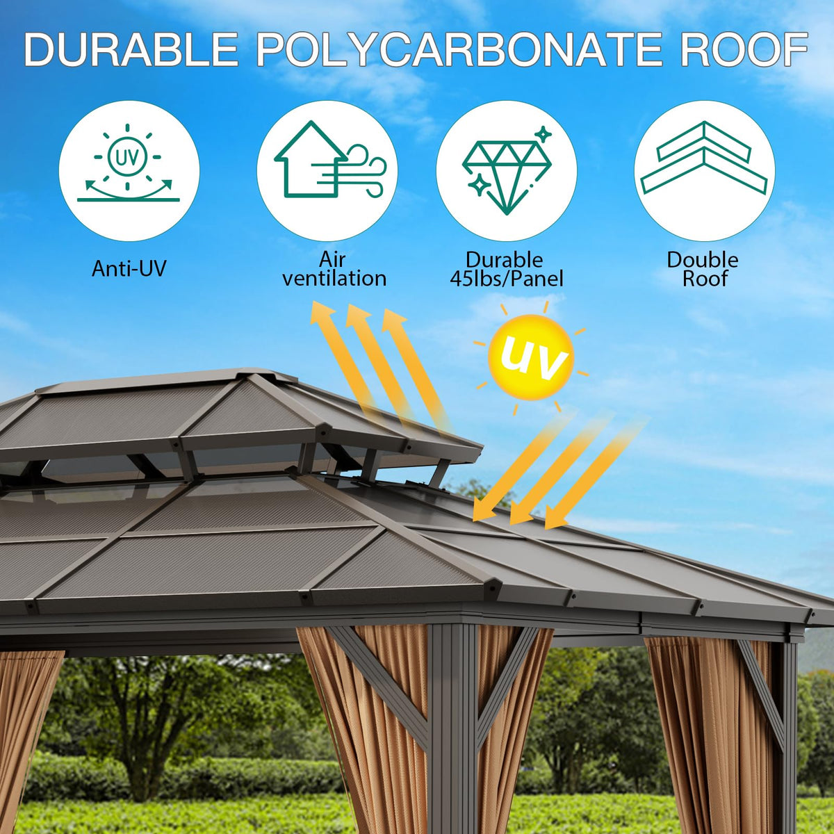 10x13 ft Permanent Aluminum Gazebo with Double-Layer PC Roof, Sturdy Metal Pavilion Canopy, All-Weather Outdoor Sunshade Structure with Retractable Curtains for Patio, Backyard, Garden, Deck