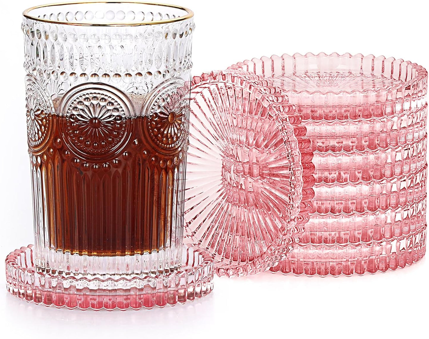 JUXYES 8 Pack Clear Pink Crystal Coasters Round Cup Mat, Glass Coasters for Drinks Coffee Tea Wine, Decorative Wine