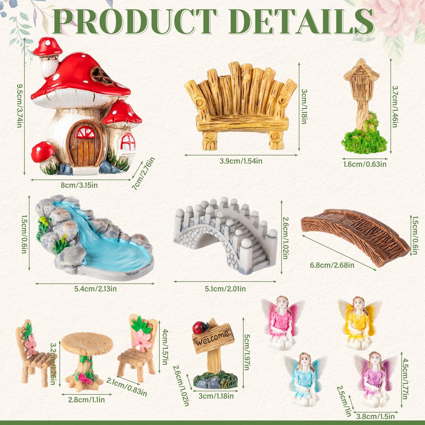 Poen 70 Pcs Fairy Garden Accessories Mini Garden Kit Miniature Fairy Figurines Landscape Decor with Mini Bridge Pond Mountain House Figurines Swan Ladybug Butterfly Figures Bulk for Dollhouse Craft