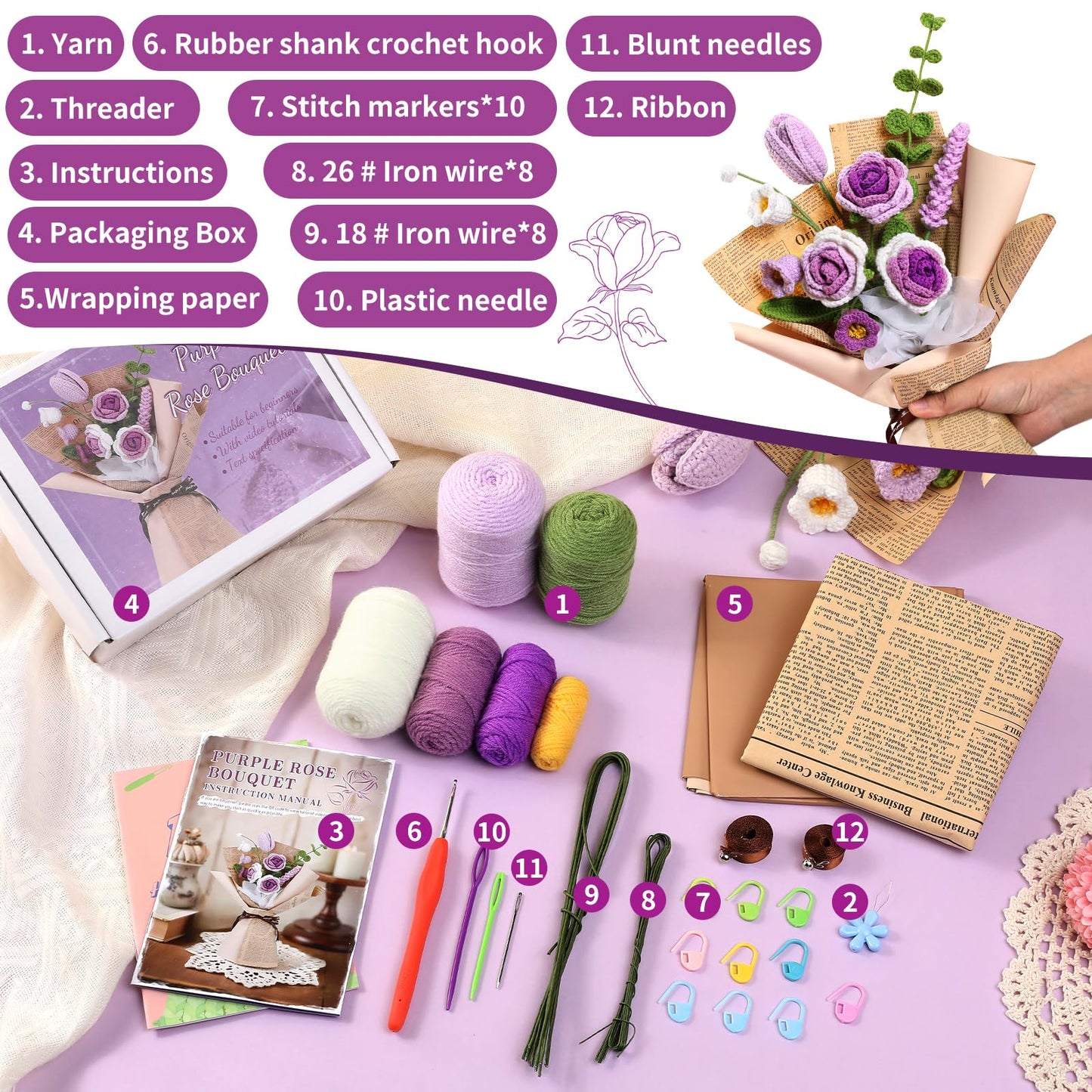 Kogyxe Crochet Kit for Beginners, Purple Rose Crochet Flowers for Adults with Step-by-Step Video Tutorials, DIY Crochet Bouquet Kits Knitting Supplies Include Floral Wire, Newspaper