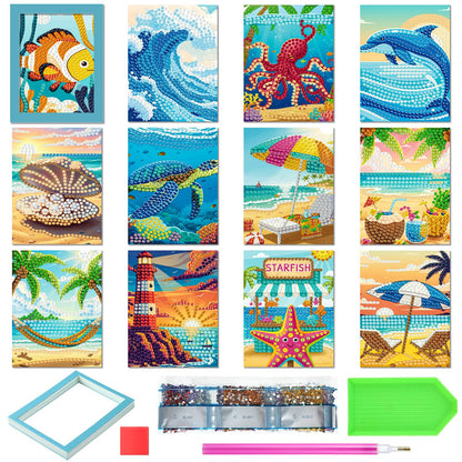 ForraFun 24 Pcs Small Summer Beach Diamond Art Kit with Frame - 5.12x3.94 Inch Mini Diamond Painting Kits for Adults & Beginners DIY, 5d Rhinestone Paint Art for Home Wall Decor, Relaxation Craft