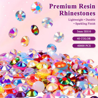 40000 Pcs 40 Colors Resin Jelly Rhinestones for Bedazzling, 3mm Flatback Gems Bedazzler Kit with 4Pcs B7000 Jewelry Glue and Tools, Multicolor Craft Jewels for DIY, Shoes, Crafting, Nail Art & Books