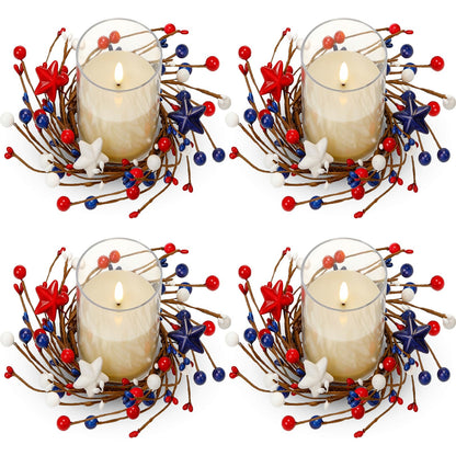 Yunlly 4 Pcs Independence Day Candle Wreaths Rings Five-Pointed Star and Berry Candle Holder Rings with LED Flameless Candles, 9.5" Wide for Wedding Windows 4th of July Table Centerpieces