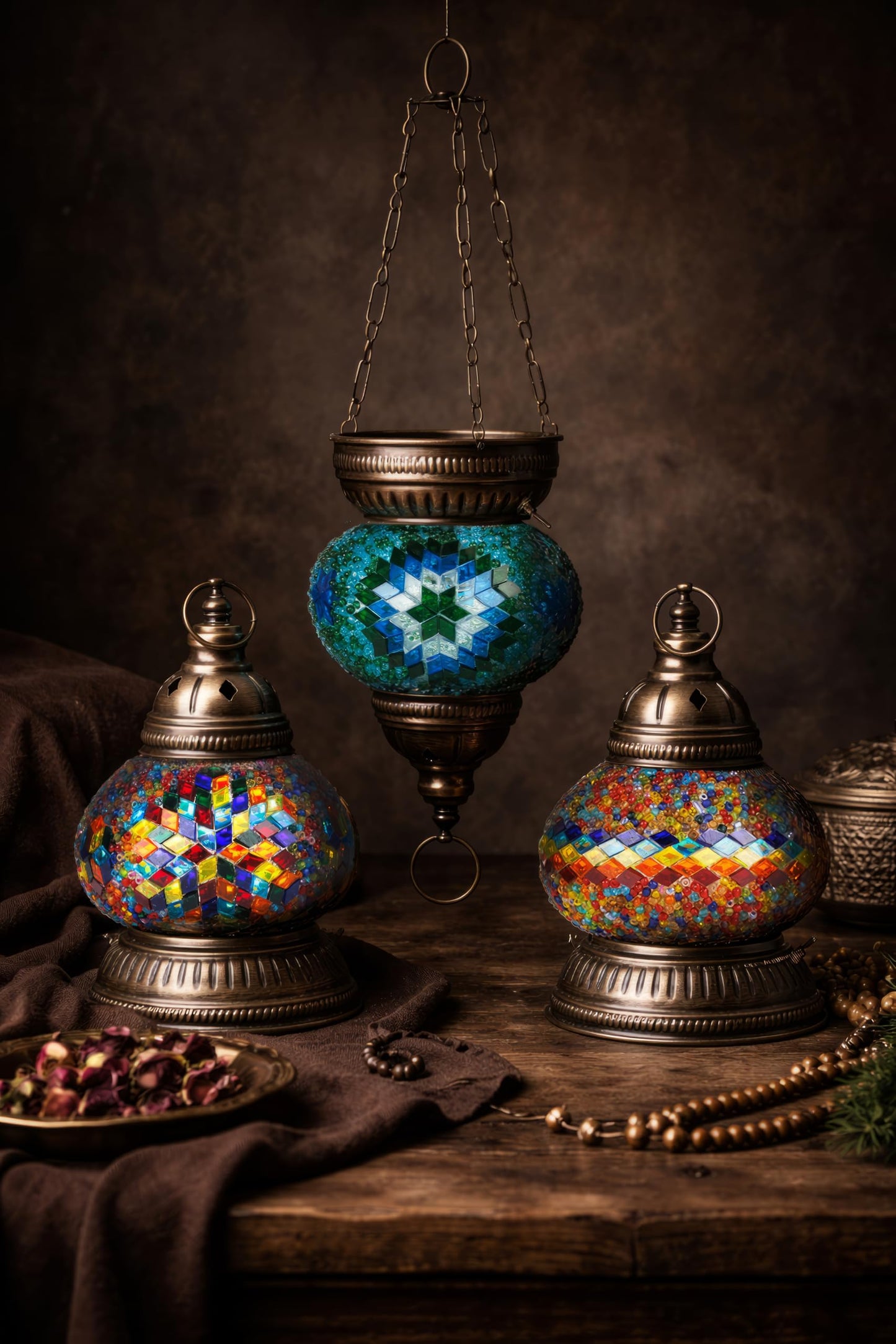 DEMMEX DIY Turkish Mosaic Lantern Kit – Beginner-Friendly Tiffany Glass Craft Project for Adults & Teens, Brass Finish, Battery Operated, Convertible Tabletop or Hanging Lantern (Turquoise&Green)