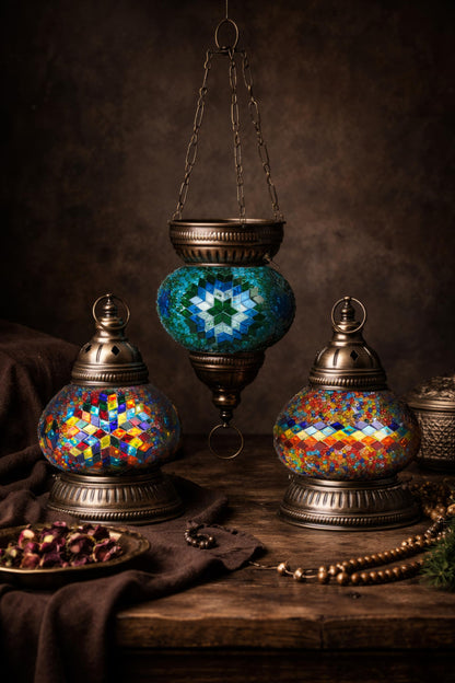 DEMMEX DIY Turkish Mosaic Lantern Kit – Beginner-Friendly Tiffany Glass Craft Project for Adults & Teens, Brass Finish, Battery Operated, Convertible Tabletop or Hanging Lantern (Turquoise&Green)