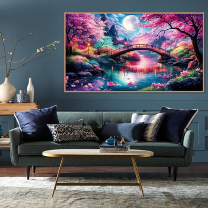 pchmcu 5D Large Diamond Painting,Cherry Scenery with Moon Bridge Extra Large Diamond Art Kits for Adults,DIY Round Full Drill Crystal Rhinestone Arts and Crafts Home Wall Decor 27.5 X 15.7inch