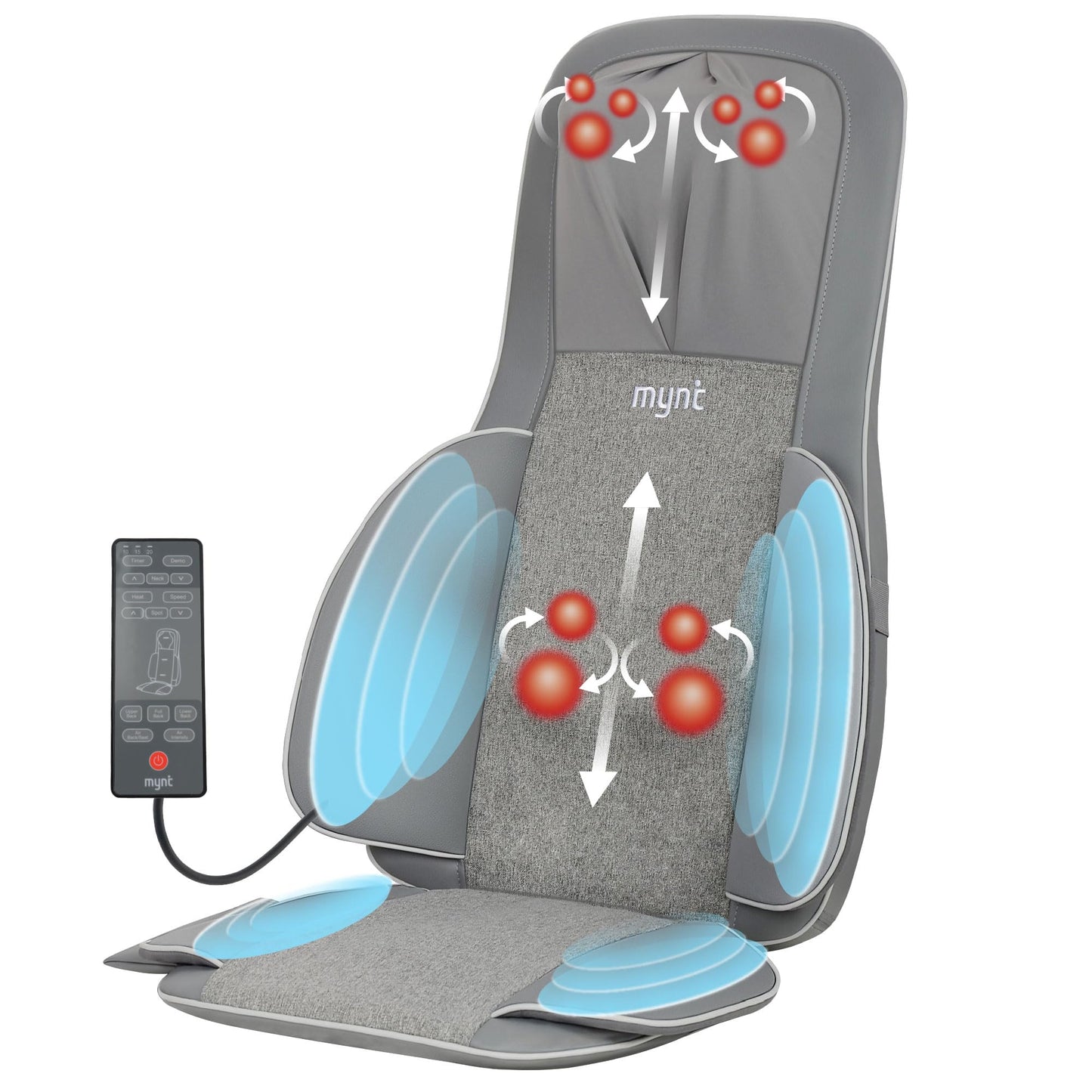 Mynt FSA HSA Eligible 3D Shiatsu Neck and Back Massager for Chair with 10 Deep Kneading Nodes, Adjustable Gray Back Massage with Heat, Portable Massage Chair Pad, Gifts for Father Day