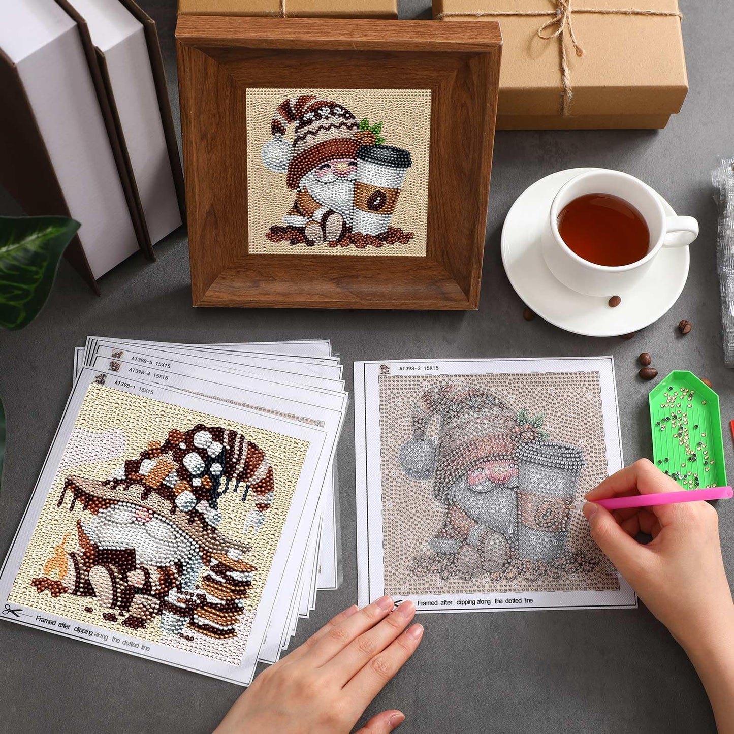 TecUnite 9 Pcs Coffee Gnomes Diamond Painting Art Diamond Painting Kit for Beginners DIY Rhinestone Gem Crafts for Christmas Home Wall Decor 6 x 6 Inch