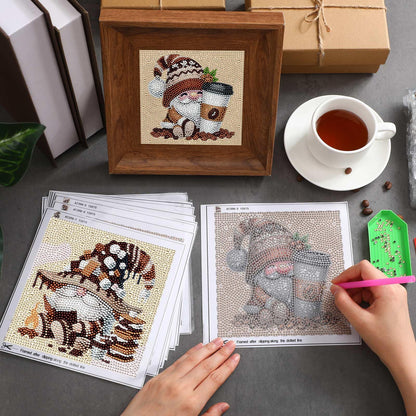 TecUnite 9 Pcs Coffee Gnomes Diamond Painting Art Diamond Painting Kit for Beginners DIY Rhinestone Gem Crafts for Christmas Home Wall Decor 6 x 6 Inch