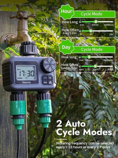 Insoma 2-Zone Sprinkler Timer - Programmable Garden Hose Timer with Auto/Rain Delay | Waterproof & Easy Setup for Efficient Lawn Irrigation