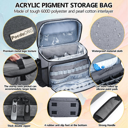 Acrylic Paint and Brush Set Organizer Bag - Carrying Case Compatible with Apple Barrel, Shuttle Art, Caliart Art Supplies - Includes Detachable Paint Brush Holder - for Travel/Outdoor Sketching (Gray)