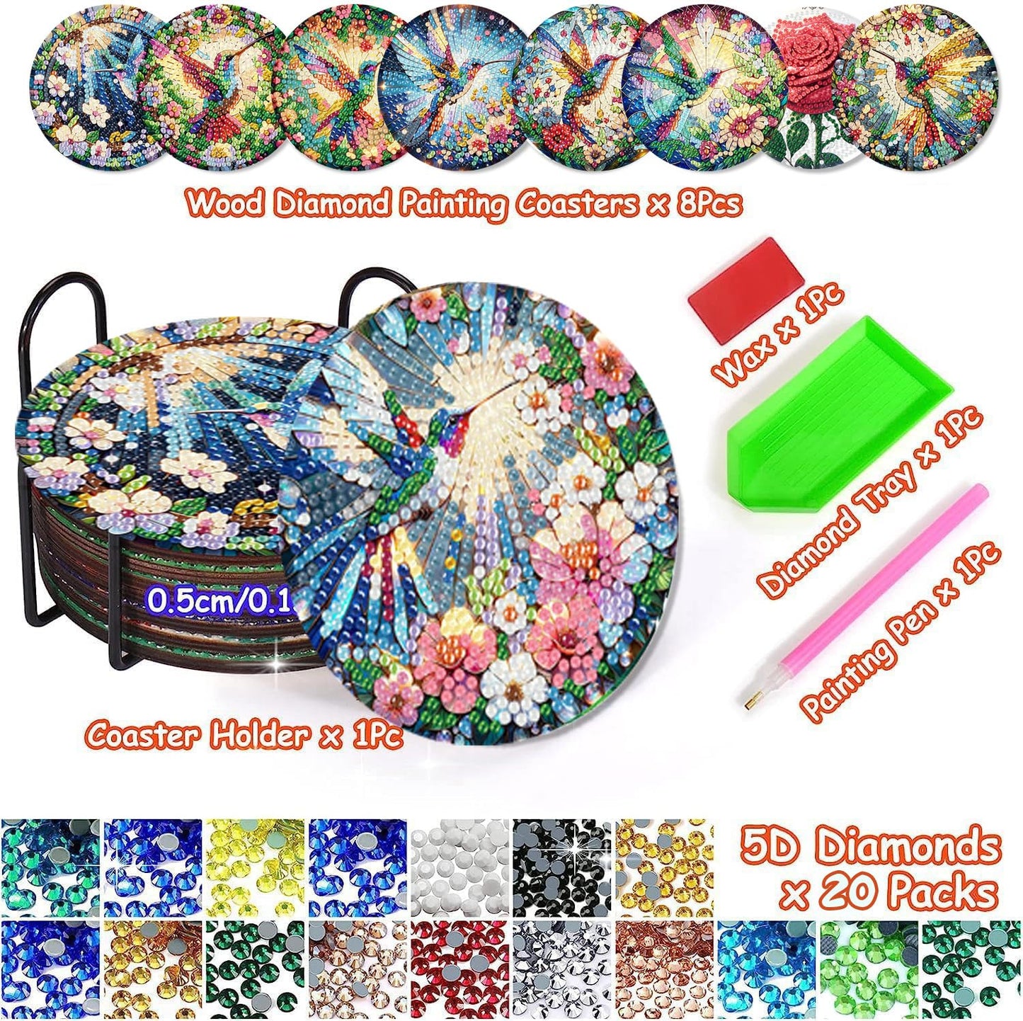 Axquilon Diamond Art Coasters Kit for Adults, 8 Pcs Hummingbirds Diamond Painting Coasters Kit with Holder, DIY Non Slip Art Supplies 4x4in