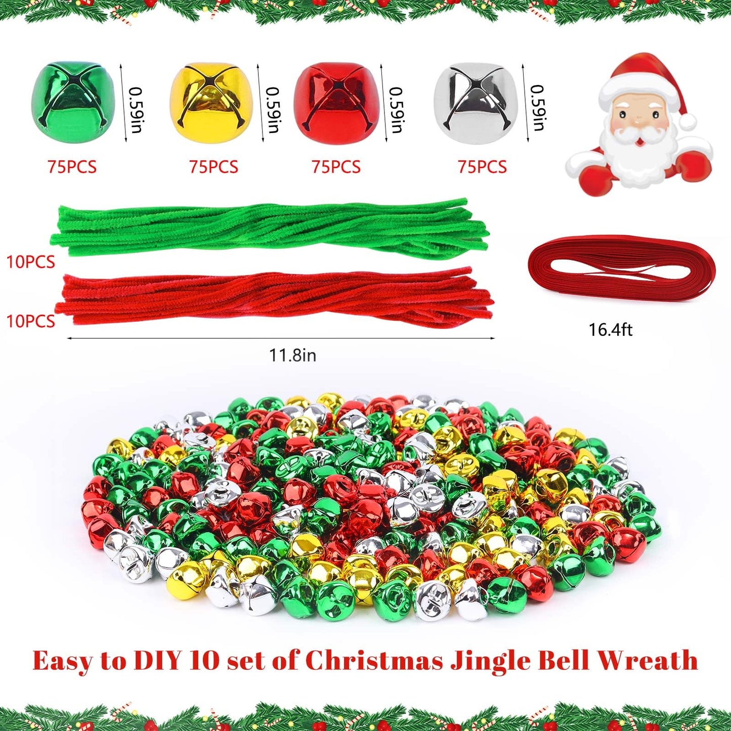 YBB 320Pcs Jingle Bell Wreath Ornaments Kit, 0.59inch Christmas Crisp Sound Bells for Craft with 20 Chenille Stems and Red Ribbon for Christmas Tree Party Decorations Kids DIY Crafts (Set of 10)
