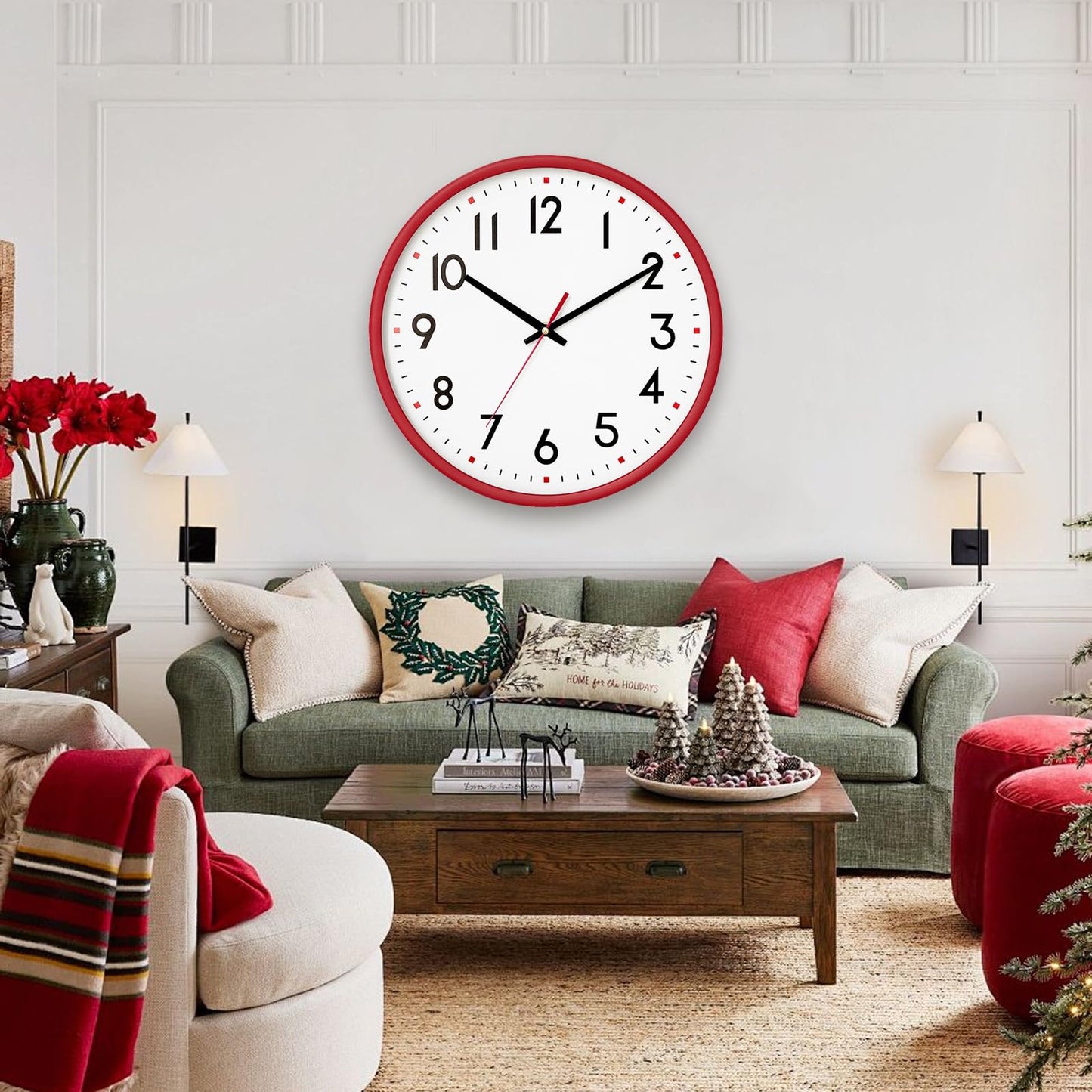 HZDHCLH Wall Clock Red,Silent Wall Clocks Battery Operated 8 Inch Modern Non Ticking Analog Clock Decorative for Kitchen Bedroom Living Room Office Classroom