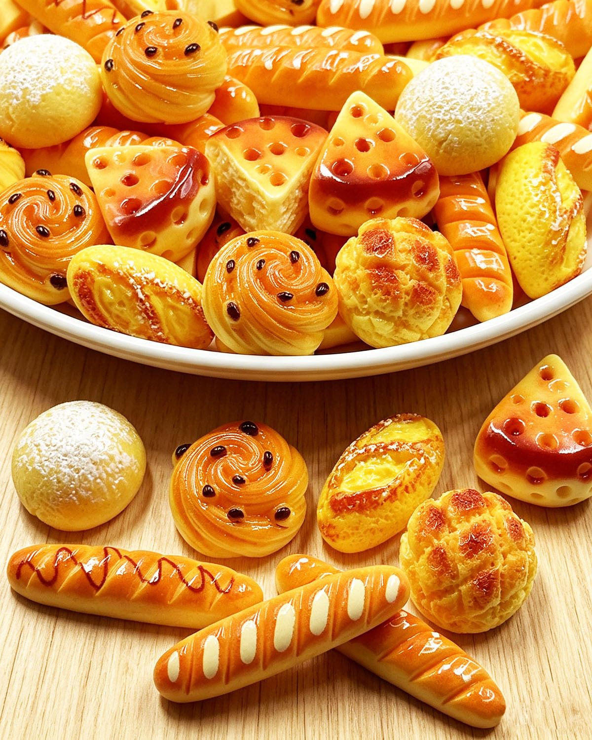 LOPURO 100Pcs Mini Fake Bread Artificial Resin Flatback Bakery Pastries Charms, Miniature Cake Simulation Food Model Tiny House Decor for DIY Craft Scrapbooking Embellishments Home Kitchen Display
