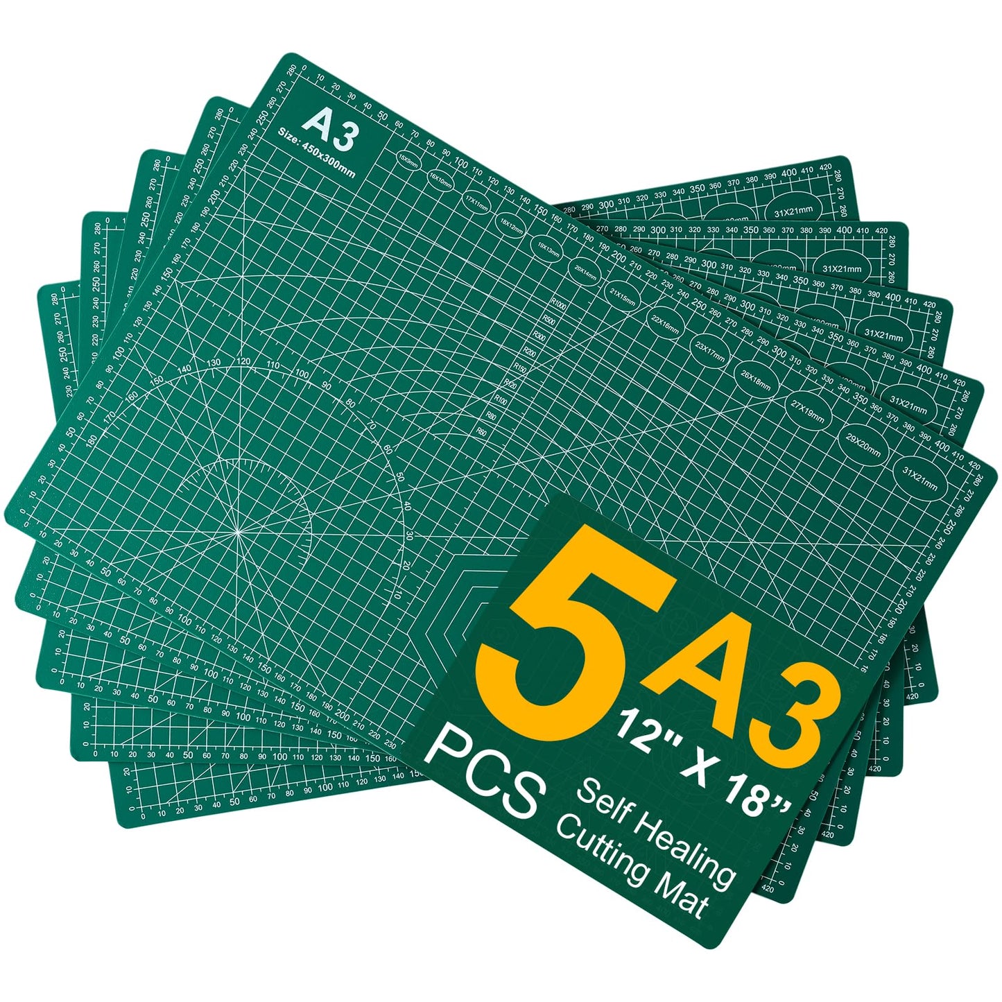 A3 Self Healing Cutting Mat Set, 5 Pack Double-Sided PVC Cutting Mats for Crafts with Inch, Metric, and Angle Guides for Sewing, Quilting, and DIY Cutting