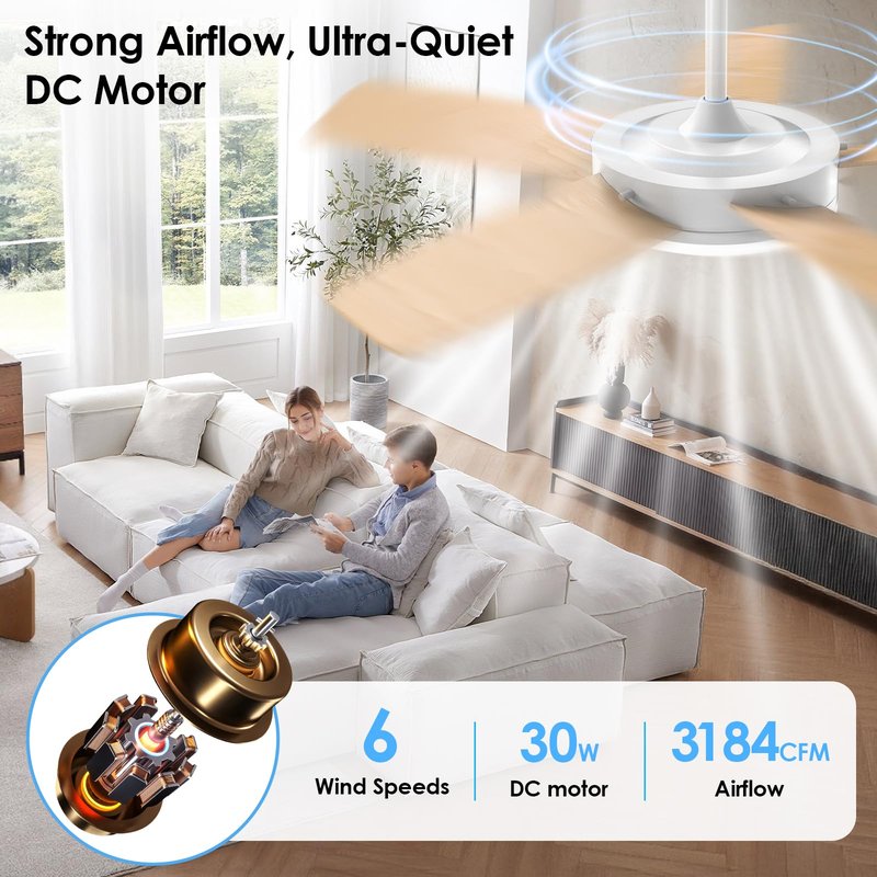 ropelux 52-Inch Ceiling Fans with Lights: Powerful Wind, Ultra-Quiet, High Bright&Screw-Free for Blade Installation, Dimmable, Forward&Reversible Fan with Remote APP Control for Bedroom/Living Room.