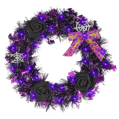 Halloween Wreath for Front Door with Lights,13 Inch Spider Web and Black Rose Wreath Halloween Decorations for Indoor Window Party Holiday Wall Home Decor (Spider Web)