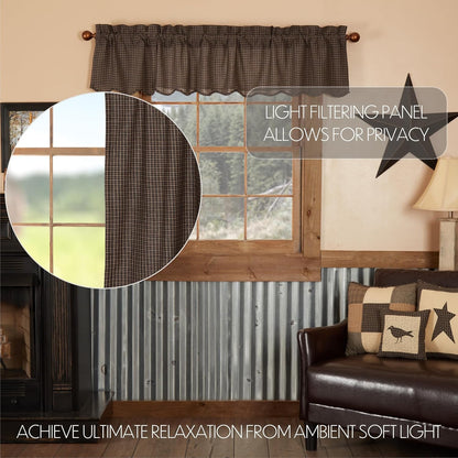 VHC Brands Kettle Grove Window Curtain, Plaid Valance Scalloped, Black, 16x72