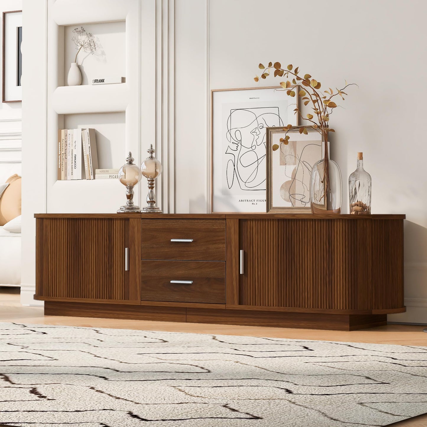 Merax 70.8" Fluted TV Stand for 65-70 Inch TVs, Modern Wood Entertainment Center with Sliding Doors, Storage Drawers, Rounded Corners, Easy-Clean Media Console Cabinet, Antique Brown