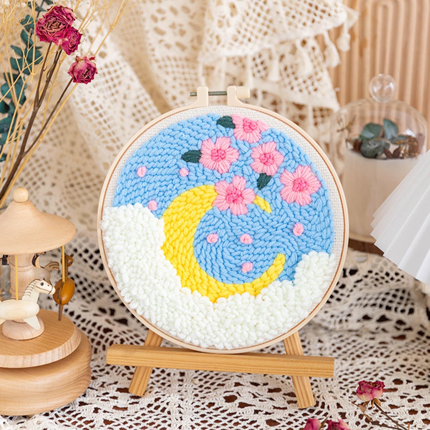 Woohome Punch Needle Kit Included Plastic Hoops, Punch Needle Cloth, Color Yarn and Punch Needle Tools for Adults, Beginners (Moon and Trees)