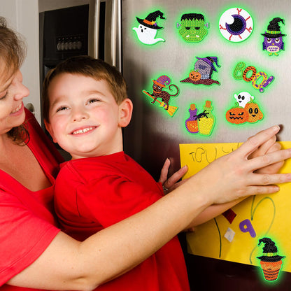 Motipuns 30 Pcs Luminous Halloween Diamond Painting Magnets Kits Glow in The Dark Diamond Art Fridge Magnet Refrigerator Sticker for Beginners Kid Adults Home Decors DIY Art Craft Gifts