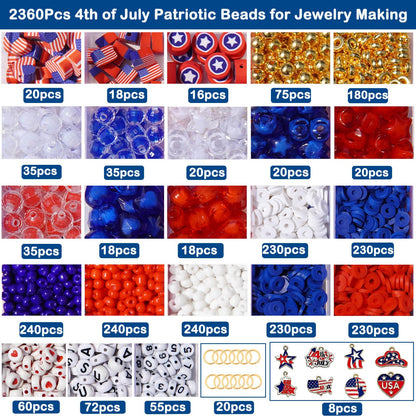 2360+ Pcs 4th of July Beads for Jewelry Making, Red White Blue Patriotic Bead Kit for Bracelets Necklace Craft Supplies Including Clay Charms USA Letter Beads Star Spacer Charms for Independence Day