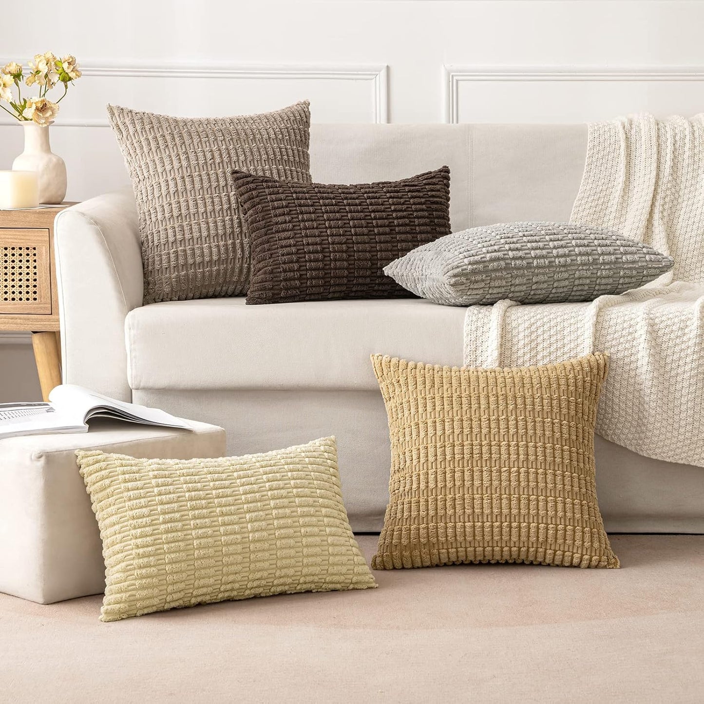 MIULEE Euro Sham Pillow Covers - Soft Boho Striped Corduroy | 24x24 Inch Beige Decorative Covers for Sofa & Bed