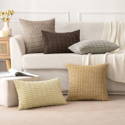MIULEE Euro Sham Pillow Covers - Soft Corduroy Boho Striped Design | 24x24 Inch Beige for Modern Home Decor