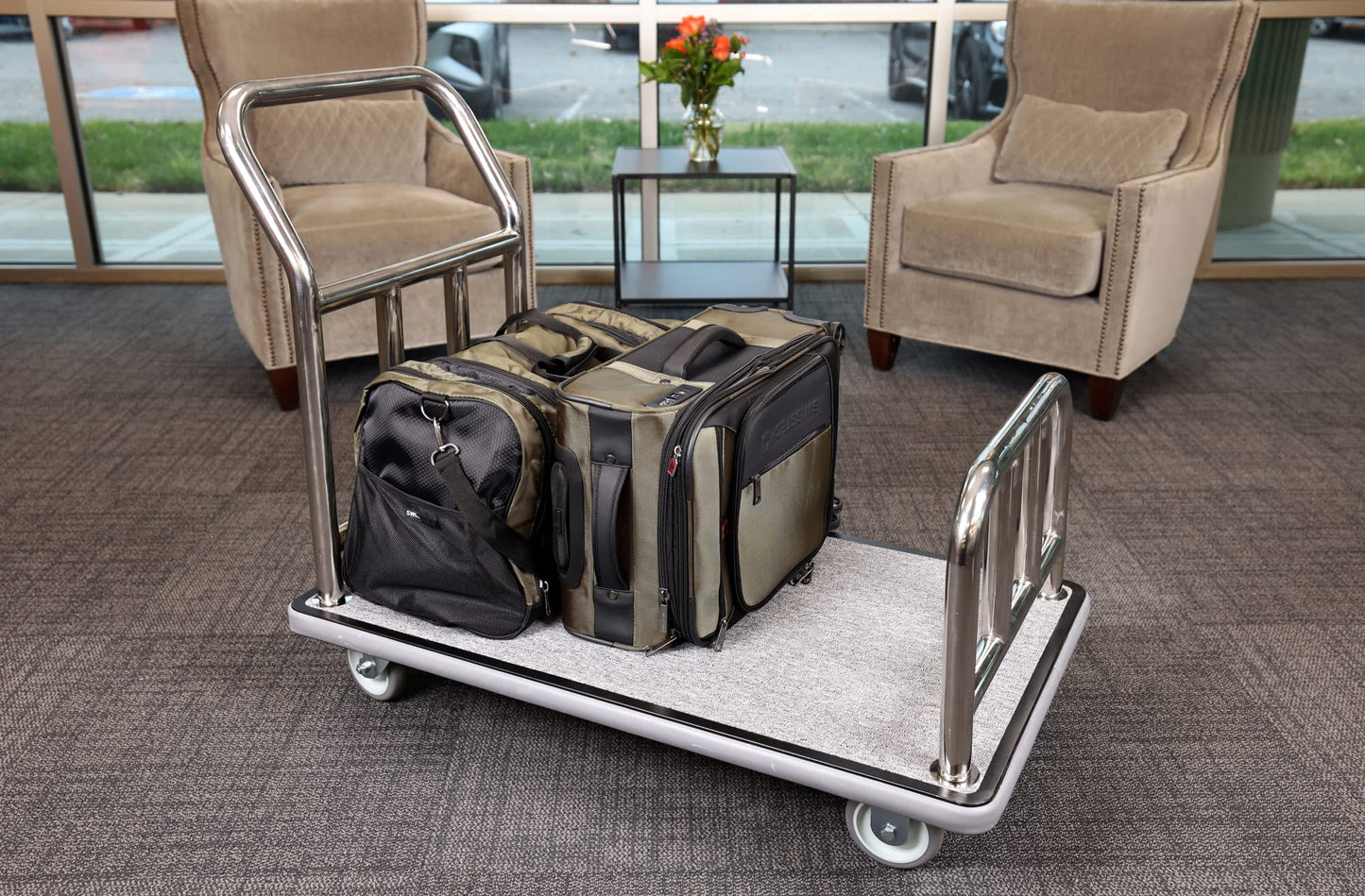 Wholesale Hotel Products Stainless Steel Utility Cart – 750lb Capacity – Dolly Cart w/ 5” Wheels & Grey Carpet, for Hotel, Resorts, Condos, Commercial Use (Value Valet Series)