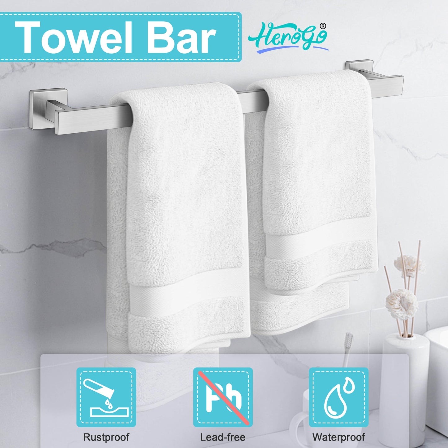 Herogo Bathroom Accessories Set, 23.5 Inch 5 Pieces Brushed Nickel Bathroom Hardware Set, Bath Towel Racks Bars with Toilet Paper Holder, Hand Towel Holder Ring & Hooks, Wall Mount