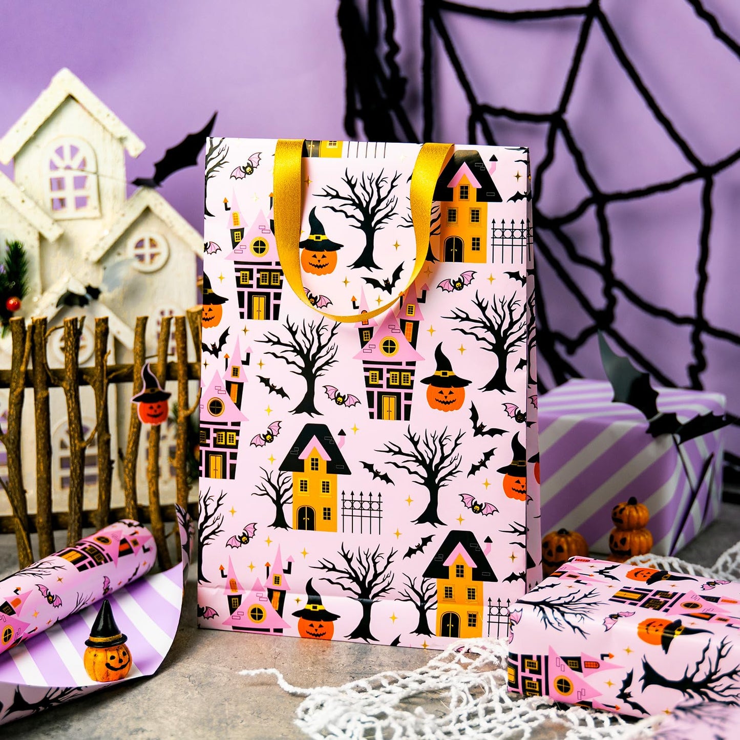 MAYPLUSS Halloween Wrapping Paper Roll, Vintage Haunted Mansion Wrapping Paper, Pink Haunted House, Pumpkin & Bat Design Halloween Day Gift Wrap for October,Holiday,Christmas Nightmare (17In X 33Ft)