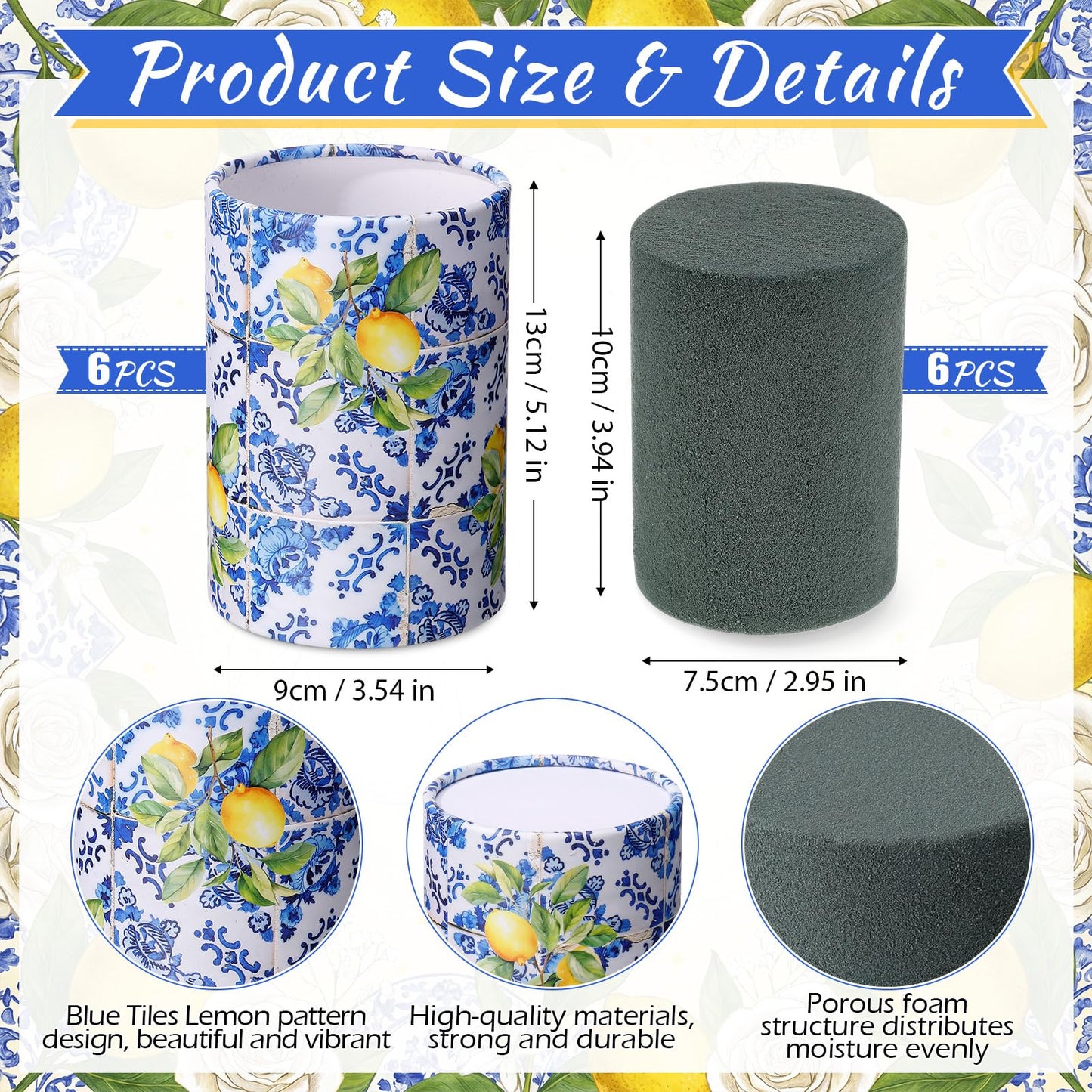 LemonRoad 6 Sets Blue Tiles Lemon Table Centerpiece for Wedding Amalfi Coast Cylinder Flower Boxes with Floral Foam Blocks Capri Mediterranean Positano Decorations Birthday Party Home Decor