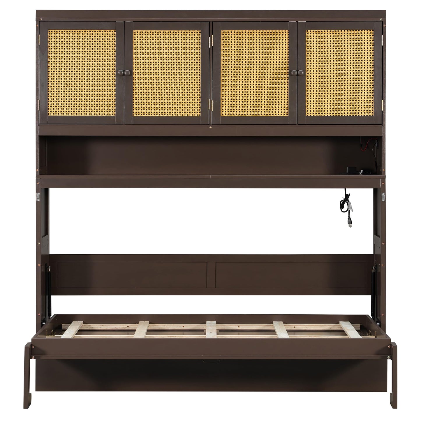 Merax Twin Murphy Bed Frame with Top Cabinet, Multi Storage Shelves & 4 Ratten Doors, 2-in-1 Bed Desk Space Saving Foldable Wall Bed with Light & USB Charging Ports, Espresso